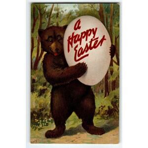 Easter Brown Bear Holds Giant Egg Fantasy Postcard Valentine & Sons RARE Antique